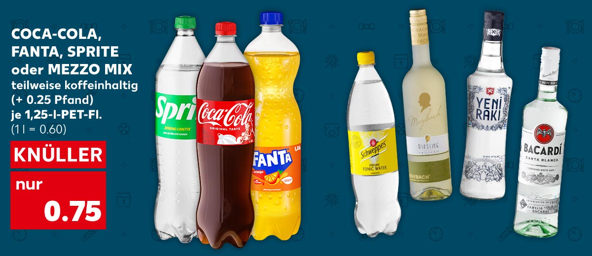 Coca-Cola, Fanta, Sprite oder Mezzo Mix, teilweise koffeinhaltig, versch. Sorten, (+ 0.25 Pfand), je 1,25-l-PET-Fl. für 0.75 Euro (1 l = 0.60); Weitere Produktabbildungen: Schweppes Erfrischungsgetränk, Maybach Qualitätswein, Yeni Raki Türk. Anisspirituose, Bacardi Carta Blanca, Negra, Spiced oder Limón