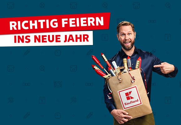 Schriftzug: Richtig feiern ins neue Jahr; Abbildung: Ein Mann mit einer Einkaufstüte
