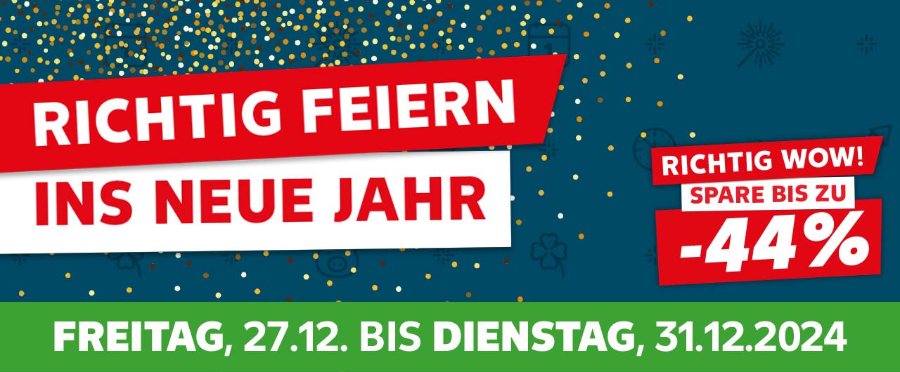 Schriftzug: Richtig feiern ins neue Jahr; Abbildung: Konfetti; Freitag, 27.12. bis Dienstag, 31.12.2024; Störer: Richtig wow! Spare bis zu -44%