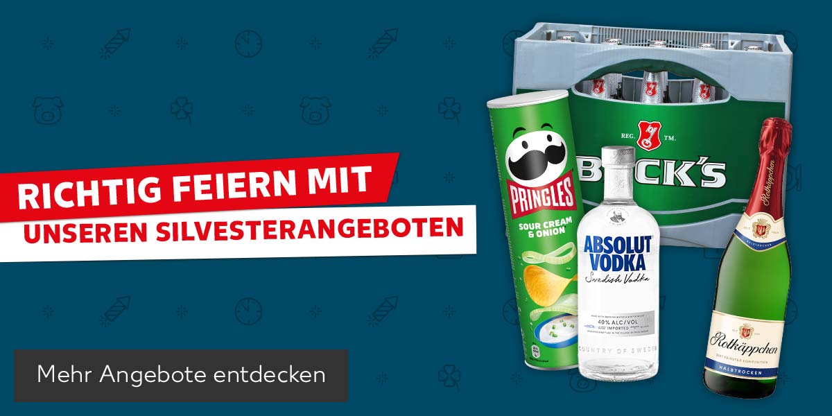 Schriftzug: Richtig feiern mit unseren Silvesterangeboten; Produktabbildungen: Pringles Chips, Absolut Vodka oder Citron, Rotkäppchen Sekt oder Fruchtsecco, Beck's Pils oder Gold; Button: Mehr Angebote entdecken