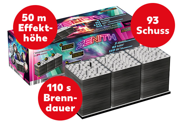 Weco Verbund-Feuerwerk »Zenith«; Störer: 93 Schuss; Störer: 50 m Effekthöhe; Störer: 110 s Brenndauer