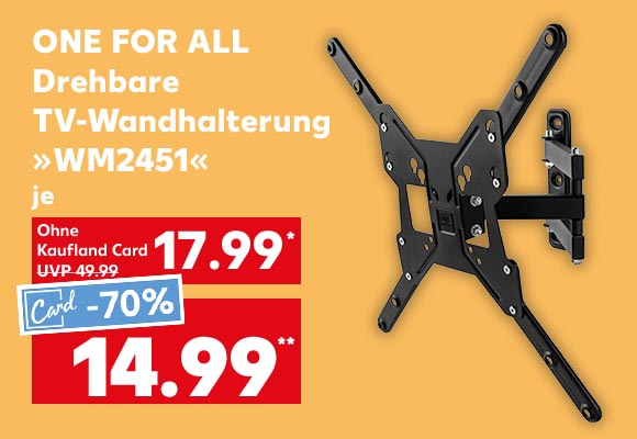 One for all Drehbare TV-Wandhalterung »WM2451«, je für 17.99 Euro* (UVP = 49.99 Euro); Kaufland Card Preis: 14.99 Euro**; Störer: Für 13 - 65 Zoll (ca. 33 - 165 cm)