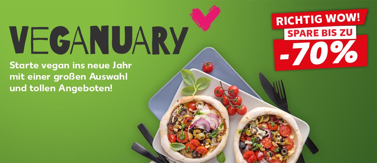 Schriftzug: Veganuary, Starte vegan ins neue Jahr mit einer großen Auswahl an tollen Angeboten; Abbildung: Rezept zu veganen Pizza Pot Pies; Störer: Richtig wow! Spare bis zu -70%