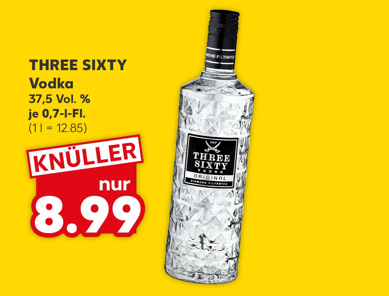 Three Sixty Vodka, 37,5 Vol. %, je 0,7-l-Fl. für 8.99 Euro (1 l = 12.85)