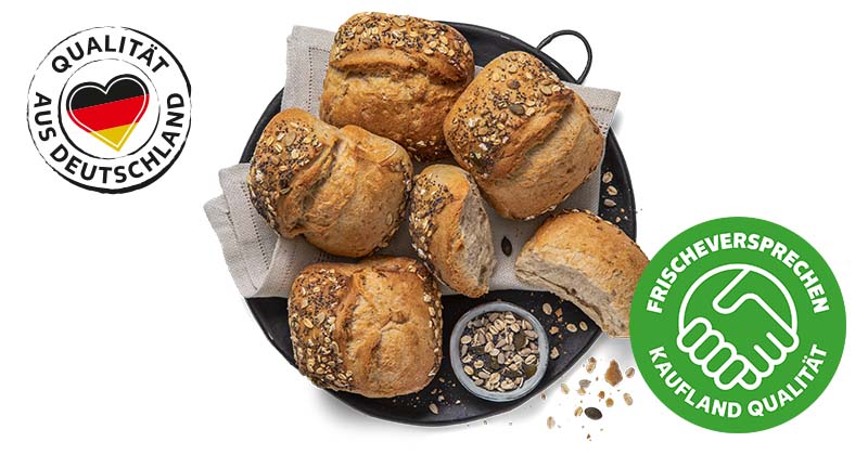 Bauernbrötchen mit Saaten; Logo: Qualität aus Deutschland; Logo: Frischeversprechen Kaufland Qualität