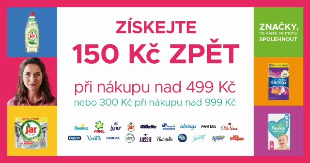 Získejte 150 Kč zpět při nákupu nad 499 Kč nebo 300 Kč při nákupu nad 999 Kč.