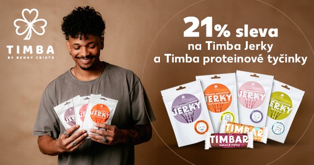 21% sůeva na Timba Jerky a Timba proteinové tyčinky
