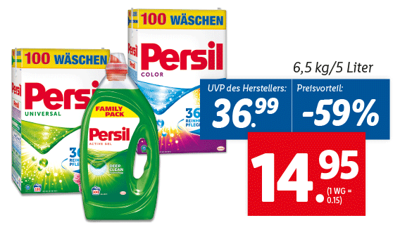 Persil Waschmittelpulver, oder Flüssigwaschmittel 100 WG