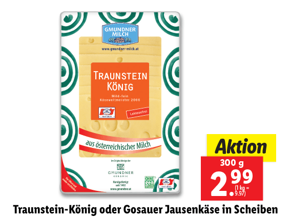 Gmundner Milch Traunstein-König oder Gosauer Jausenkäse in Scheiben