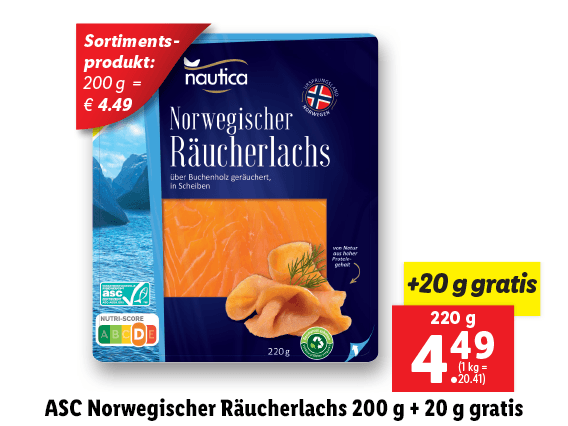 ASC Norwegischer Räucherlachs 200 g + 20 g gratis 