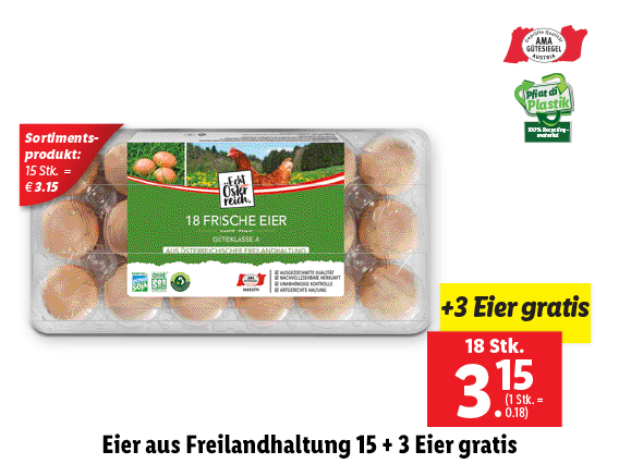 Eier aus Freilandhaltung 15 + 3 Eier gratis 