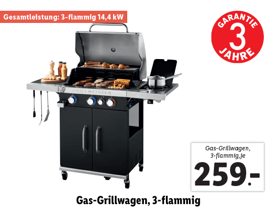 Grillmeister® Gas-Grillwagen, 3-flammig 