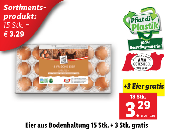  Eier aus Bodenhaltung 15 Stk. + 3 Stk. gratis