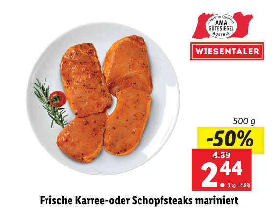 Frische Karree- oder Schopfsteaks mariniert 