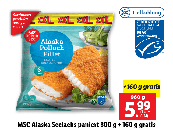 MSC Alaska Seelachs paniert 800 g + 160 g gratis 