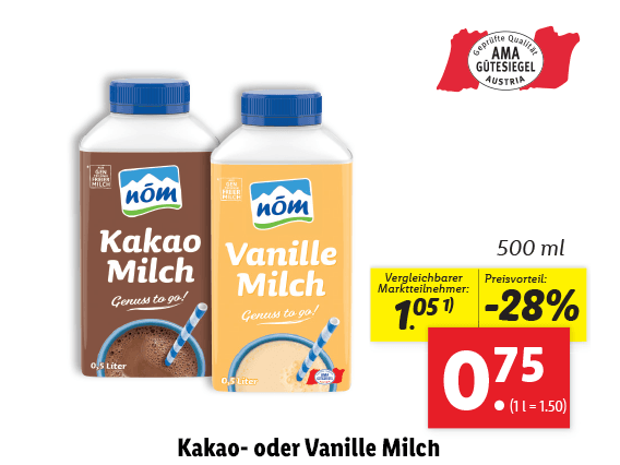 Nöm Kakao- oder Vanille Milch 