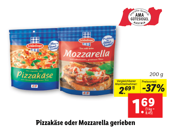 Schärdinger Pizzakäse oder Mozzarella gerieben 