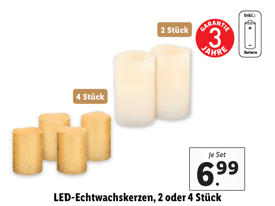 LED-Echtwachskerzen, 2 oder 4 Stück 