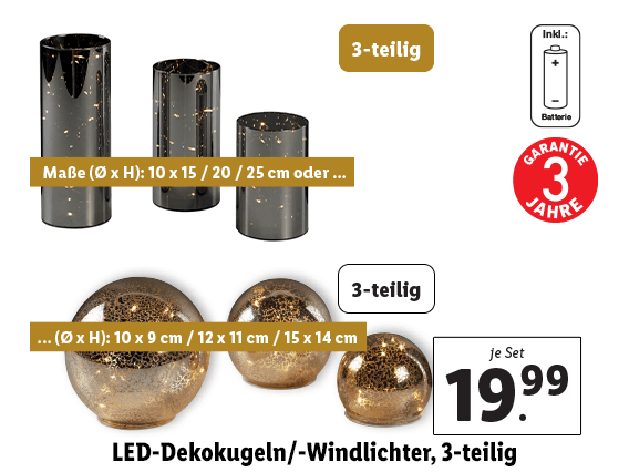 LED-Dekokugeln/​-Windlichter, 3-teilig 