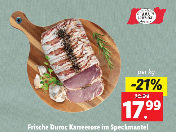 Frische Duroc Karreerose im Speckmantel