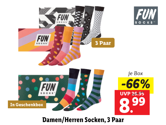 FUN Socks® Damen/​Herren Socken, 3 Paar