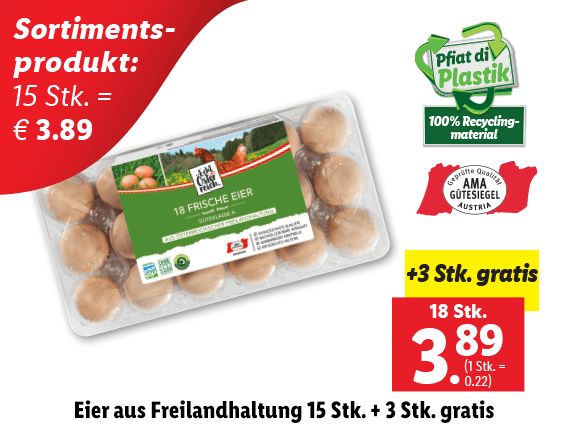 Eier aus Freilandhaltung 15 Stk. + 3 Stk. gratis 