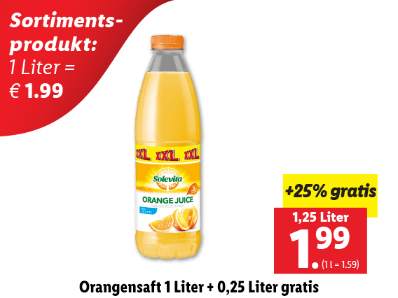 Orangensaft 1 Liter + 0,25 Liter gratis 