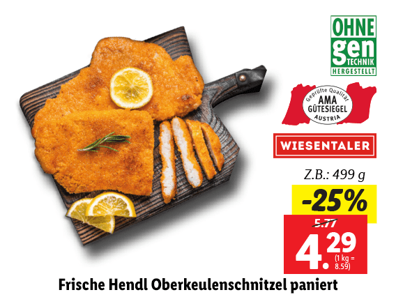 Frische Hendl Oberkeulenschnitzel paniert 