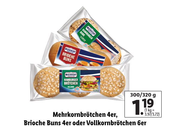  Mehrkornbrötchen 4er, Brioche Buns 4er oder Vollkornbrötchen 6er 