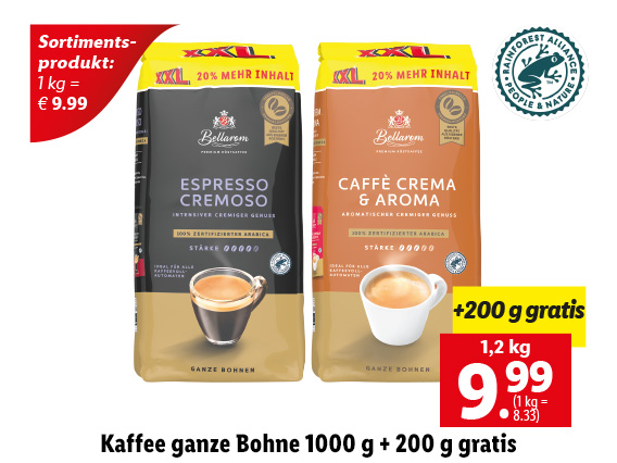  Kaffee ganze Bohne 1000 g + 200 g gratis