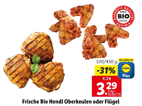  Frische Bio Hendl Oberkeulen oder Flügel 