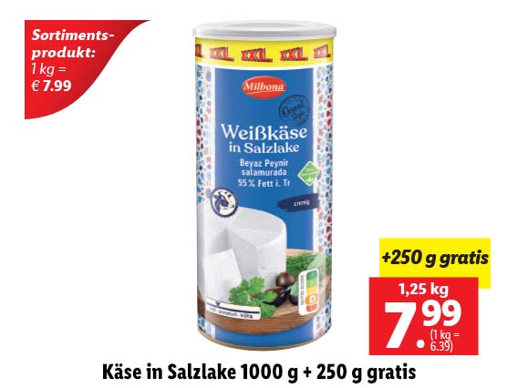  Käse in Salzlake 1000 g + 250 g gratis 