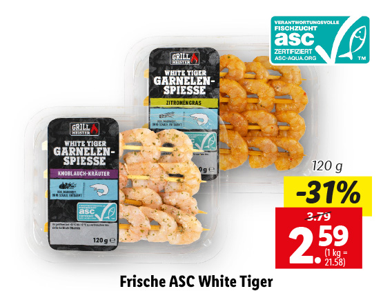 Frische ASC White Tiger Garnelenspieße