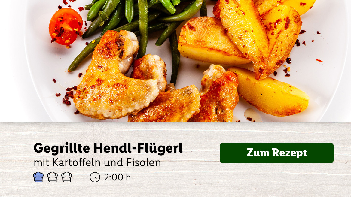 Gegrillte Hendl-Flügerl mit Kartoffeln und Fisolen