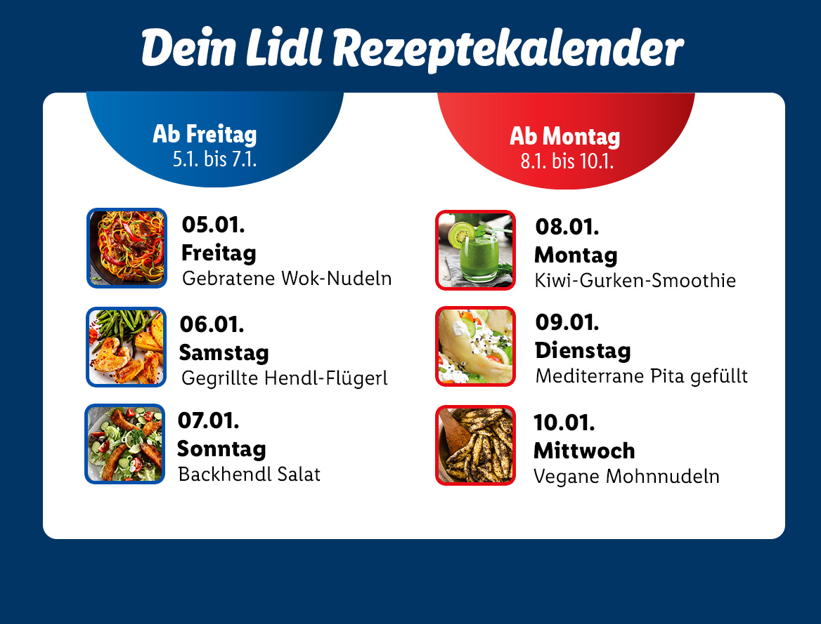 Rezept Kalender: von Freitag bis Mittwochen kochen