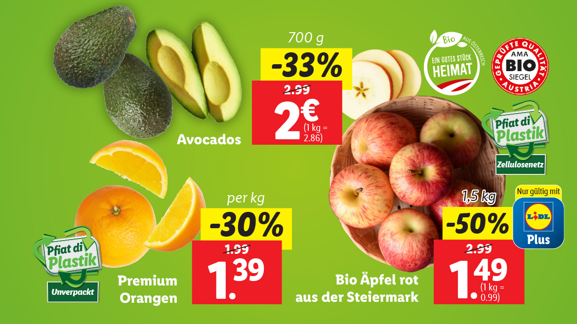 Avocado, premium Orangen und Äpfel