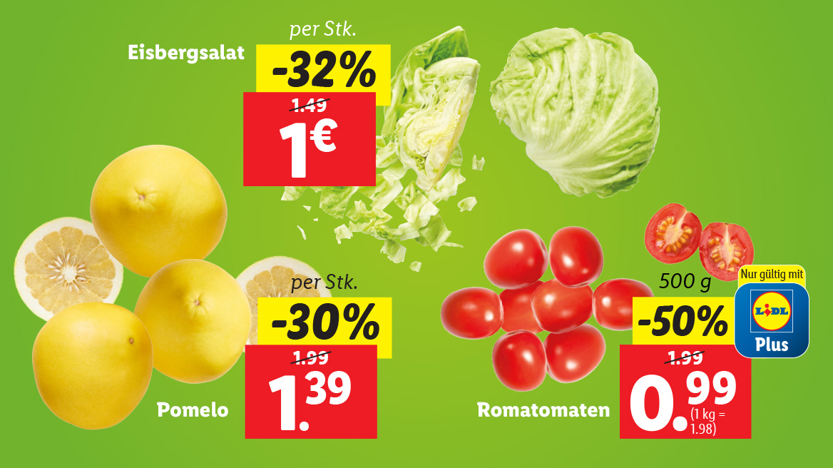 Pomelo, Eisbergsalat und Romatomaten