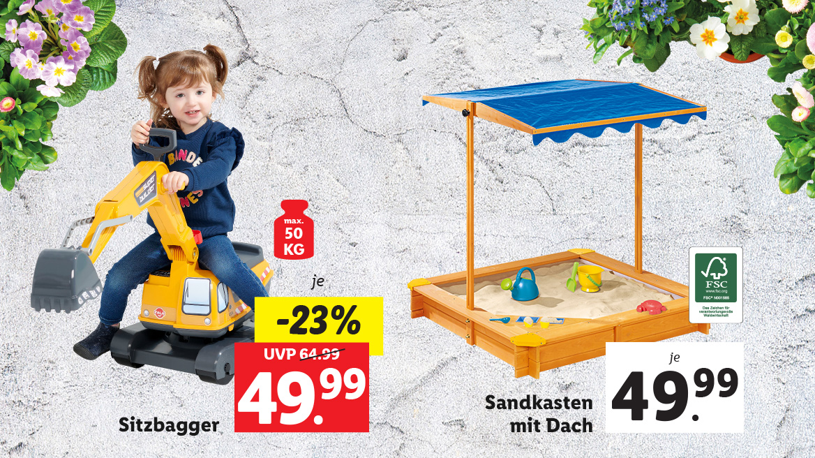 Sitzbagger und Sandkasten mit Dach