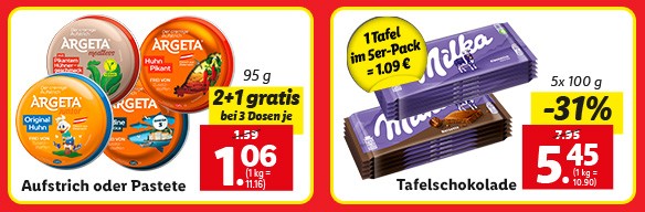 Aktionsangebote Argeta Pastete und Milka Tafelschokoade