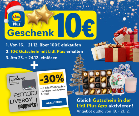 Lidl Plus 10 € geschenkt und -30 % auf Weihnachtsartikel
