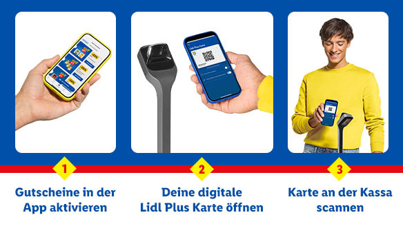 1. Gutscheine in der App aktivieren, 2. Deine digitale Lidl Plus Karte öffnen, 3. Karte an der Kassa scannen