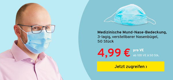 Mann mit Brille und Mund-Nasenschutz | Mund-Nase-Bedeckung, 3-lagig, verstellbarer NasenbÃ¼gel, 50 StÃ¼ck