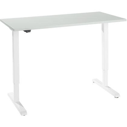 Schreibtisch, elektrisch höhenverstellbar, Rechteck, T-Fuß, B 1300 x T 650 x H 715-1205 mm, lichtgrau/weiß