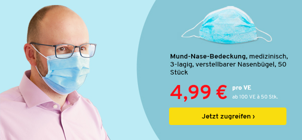 Mund-Nase-Bedeckung, medizinisch, 3-lagig, verstellbarer Nasenbügel, 50 Stück